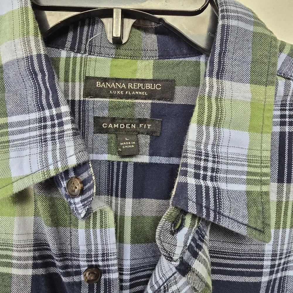 Banana Republic Shirt Mens L Plaid Camden Fit Luxe Flannel Blue Green Long Slv